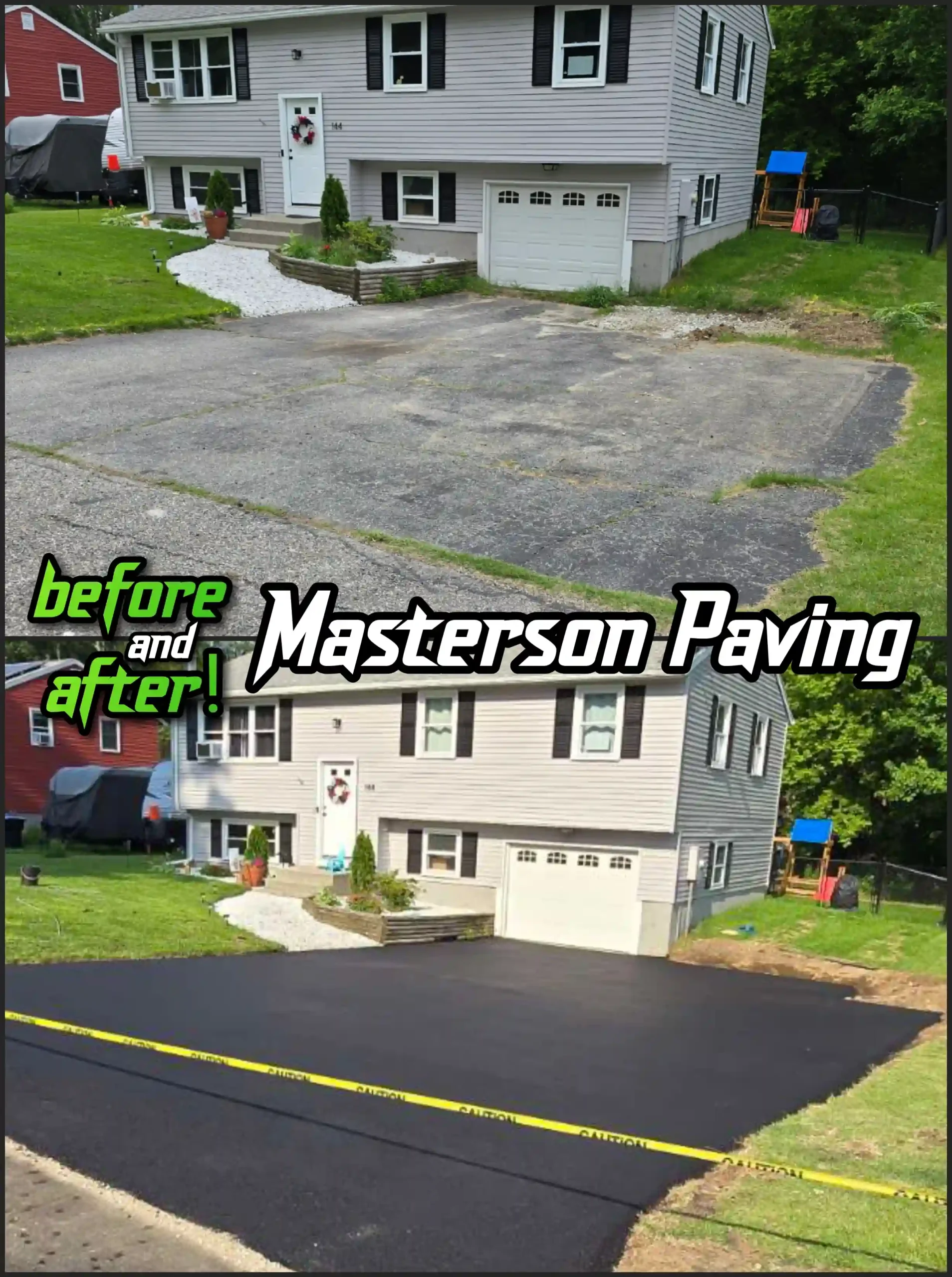 Before and after of a worn driveway replaced with fresh hot mix asphalt
